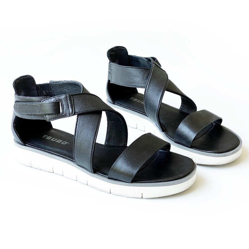 Tsubo Eliah Black Leather Cushioned Comfort 1" Wedge Sandals 7.5